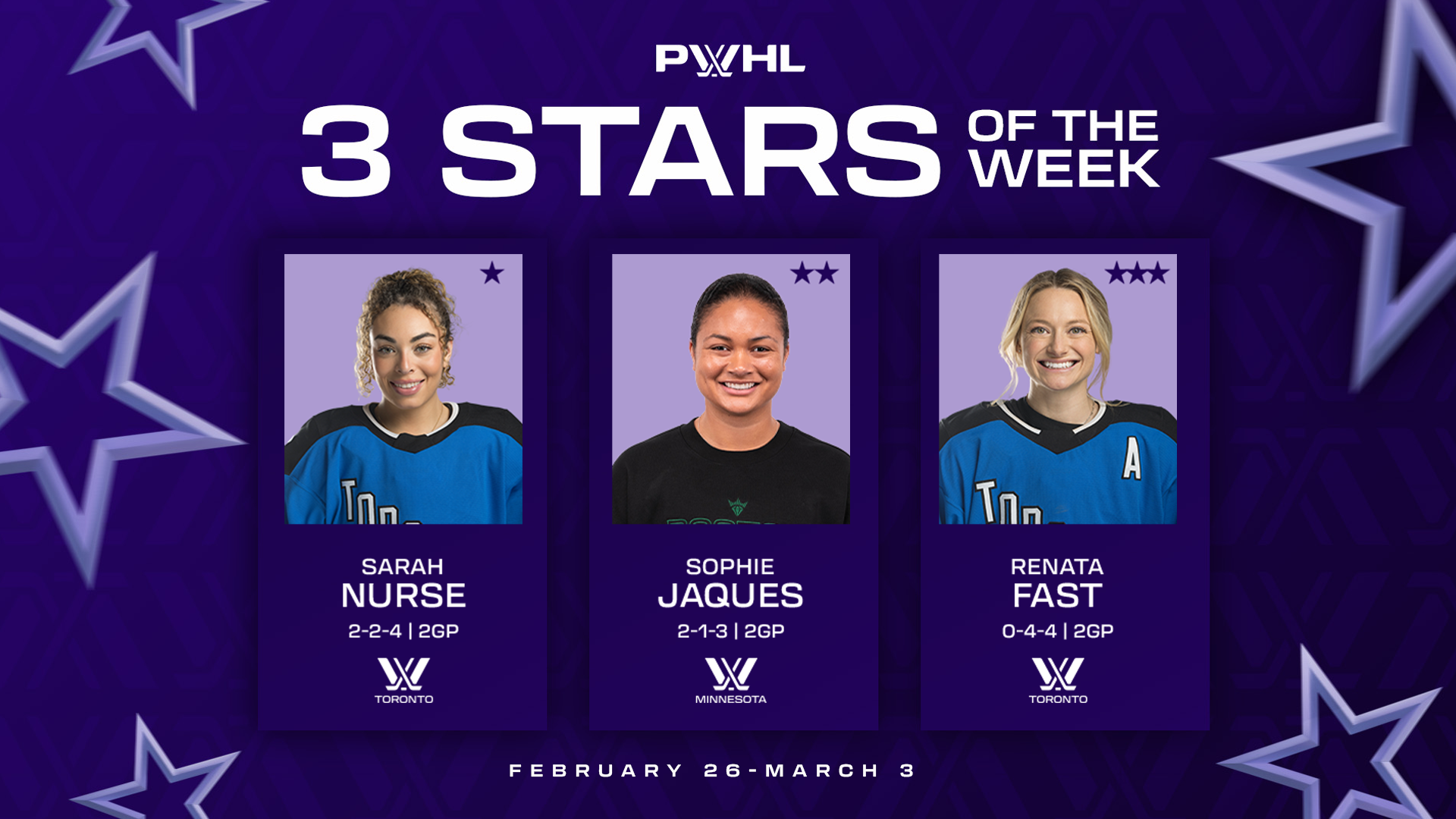 NURSE, JAQUES, FAST NAMED PWHL 3 STARS OF THE WEEK PWHL Toronto